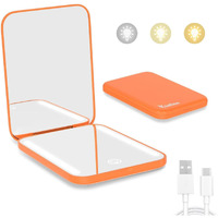 Kintion Rechargeable Pocket Mirror  Double Sided 1X/3X Magnification Compact Vanity Mirror  3 Color Lights  Dimmable  Small Portable Wallet Mirror  Lighted Travel Mirror For Women Gifts  Orange