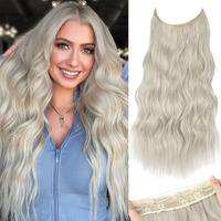 Kookastyle Invisible Wire Hair Extensions With Transparent Wire Headband Adjustable Size 4 Secure Clips Silver Grey Blonde Long Wavy Hairpiece For Women