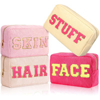 Pinkunn 4 Pcs Preppy Makeup Bags Chenille Letter Patch Bag Face Skin Hair Stuff Aesthetic Cosmetic Bag Corduroy Nylon Cosmetic Bag Birthday Gifts For Women(Pink Series Colors Corduroy)