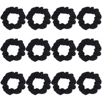 Pack Of 12 Cotton Hair Scrunchies Single Jersey Solid Color Ponytail Holders Hair Ties For Girl (Black)
