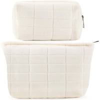 Zlfsrq 2Pcs Makeup Bag For Women Trendy Large Capacity Cosmetic Bag Plush White Checkered Makeup Pouch For Purse Coquette Zippered Bag Organizer Y2K Aesthetic Accessories Makeup Brushes Storage Bag