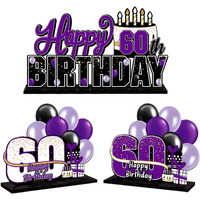 Lingteer Happy 60Th Birthday Purple Acrylic Table Topper Centerpieces Set - Cheers To Sixty Years Old Birthday 60Th Bday Party Gift Decorations.