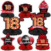 Happy 18Th Birthday Red And Black Table Honeycomb Centerpieces Balloons Theme Decor Table Decorations Table Toppers For Girls Women Princess 18 Years Old Birthday Party Bday Supplies Background Gold