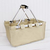 Threadart Large Collapsible Market Basket - Natural | Aluminum Frame | Polyester Fabric | Convenient Fold Flat Design |Reusable Space-Saving Shopping Tote  Gift Basket  Beach Basket  Picnic Basket