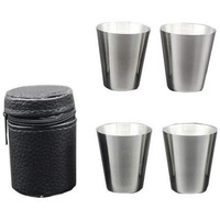 4 Pieces 30Ml (1Oz) Stainless Steel Shot Cups Shot Glass Drinking Vessel With One Black Pu-Leather Carrying Case Outdoor Camping Travel Coffee Tea Cup  Silver Cup  Black Case