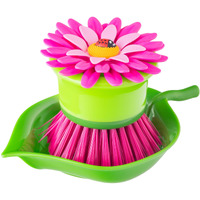 Vigar Flower Power Pink Palm Dish Brush With Holder  5-3/4-Inches By 3-3/4-Inches  Pink  Green