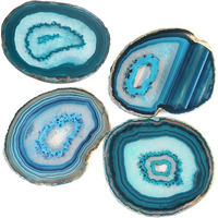 Amoystone Teal Agate Coasters Set Of 4 For Drink  Agate Slice Coaster Large 3.5-4"" Gem Stone Cup Mat For Home And Coffee Table D?Cor