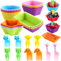 Wsmelon Silicone Lunch Box Dividers For Kids 24 Pcs Bento Box Dividers With 10 Animal Food Picks Silicone Bento Box Inserts Silicone Cupcake Baking Cups Muffin Pan Liners Reusable And Bpa Free