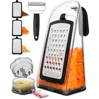 Cheese Grater With Garlic Crusher - Box Grater Cheese Shredder - Cheese Grater With Handle - Graters For Kitchen Stainless Steel Food Grater - Garlic Mincer Tool And Vegetable Peeler