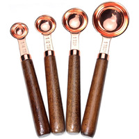 Goeielewe Set Of 4 Stainless Steel Measuring Spoons  Copper Plated Nesting Measuring Spoon Set With Walnut Wood Handle For Dry And Liquid Ingredients (Spoons Set: 1/4 1/2 1 Tsp & 1Tbsp)