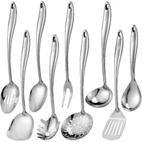304 Stainless Steel Kitchen Utensil Set - 9 Pcs Serving Utensils  Cooking Utensil  Solid Spoon  Slotted Spoon  Fork  Spatula  Ladle  Skimmer Spoon  Slotted Spatula Tunner  Spaghetti Spoon  Large Spoon