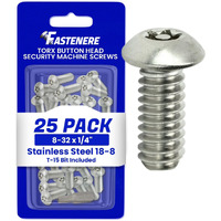 Fastenere Torx Security Machine Screws - 8-32 X 1/4"" (25-Pack) Stainless Steel  Tamper-Resistant  Button Head Screws  Bolt Screw For Higher Level Of Safety & Theft Prevention