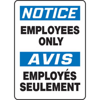 Accuform Fbmadc804Xv French-Bilingual Adhesive Dura-Vinyl Sign  Legend ""Notice Employees Only/Avis Employes""  14"" Length X 10"" Width X 0.006"" Thickness  Blue/Black On White