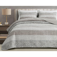Chezmoi Collection Robyn 3-Piece Neutral Taupe Gray White Floral Hibiscus Flower Patchwork Striped Quilt Set - Pre-Washed Cotton Coverlet - Lightweight Reversible Bedspread  Oversized King Size