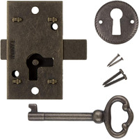 Small Antique Brass Flush Mount Cabinet Door Lock With Key - 1"" Wide X 1 3/4"" High - Vintage Lock And Key For Furniture Doors And Drawers | Ua-030-Lab