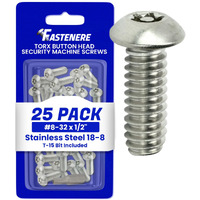 Fastenere Torx Security Machine Screws - 8-32 X 1/2"" (25-Pack) Stainless Steel  Tamper-Resistant  Button Head Screws  Bolt Screw For Higher Level Of Safety & Theft Prevention