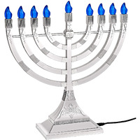 Electric Chanukah Menorah With Flame Shaped Led Bulbs - Batteries Or Usb Powered Electronic Minorah - 4' Cable Included Hanukkah Battery Menorahs By Zion Judaica (Silver)