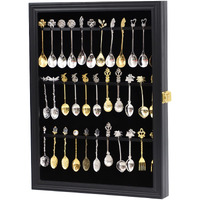 Comsrev 36 Souvenir Tea Spoon Display Case Collection Collector Rack Wall Mount Wooden W/98% Uv Acrylic Door Lockable(Black)