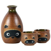 3-Piece Tanuki Raccoon Sake Set