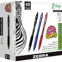 Zebra 22048 Z-Grip Retractable Ballpoint Pen  Assorted Ink  Medium  48/Pack