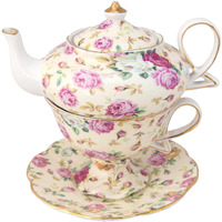 Gracie China By Coastline Imports 4-Piece Porcelain Tea For One  Stacked Teapot Cup Saucer  Cream Cottage Rose Chintz