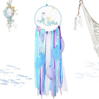 Ourwarm Mermaid Dream Catcher For Girls Room Wall Decor  Big Handmade Blue Dreamcatcher With Colorful Feathers For Kids Bedroom Hanging Decor  Under The Sea Mermaid Birthday Baby Shower Party Supplies