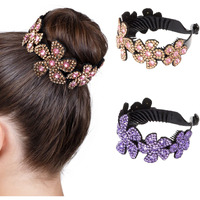 Iskybob 2 Pieces Rhinestone Flower Ponytail Holder Twist Bun Shaper Women Hair Grips Claw  Pink+ Violet