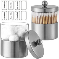 Gaussra Apothecary Jars  Qtip Holder - Stainless Steel Bathroom Jar With Stickers - Farmhouse Decor Qtip Dispenser For Qtips  Cotton Balls  Swabs  Makeup Sponges (2 Pack  Brushed Nickel)