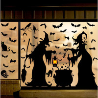 Halloween Decorations Window Clings Decor - Large Witches With Cauldron Bats Spider Black Cat Silhouette Halloween Window Stickers Decals For Home Indoor Outdoor Office Party Supplies
