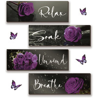 4 Pieces Purple Bathroom Wall Decor Purple Rose Wall Decor Wooden Bathroom Accessories With Relax Soak Unwind Breathe Wall Art For Girl Women Bedroom Living Room Home Decoration (Purple 12 X 4 Inch)