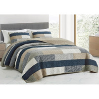 Chezmoi Collection Dylan 3-Piece Navy Blue White Gray Taupe Plaid Rectangular Patchwork Quilt Set - Pre-Washed Cotton Quilted Lightweight Reversible Bedspread For All Seasons  Oversized King Size
