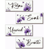 Onizhity Set Of 4 Purple Bathroom Decor With Purple Flower Wall Decor Inspire Relax Soak Unwind Breathe Rustic Wooden Wall Art Ideal For Bedroom Office Living Room Kitchen Decoration(Purple 10X4Inch)