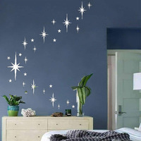Retro Starburst Mirror Wall Decals Silver 3D Acrylic Sparkle Wall Decors Star Wall Stickers Removable Star Decals Bathroom Bedroom Living Room Home Wall Decors(123Pcs)