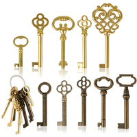 10Pcs Skeleton Key Set Reproduction For Antique Furniture  Universal Barrel Key Replacement  Antique Brass Skeleton Keys For Dresser Drawers  Vintage Clocks Cupboards  Desk Drawer Lock