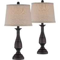 Regency Hill Ben Farmhouse Traditional Table Lamps 25"" High Full Size Set Of 2 Dark Bronze Brown Metal Beige Linen Drum Shade Decor For Living Room Bedroom House Bedside Nightstand Home Office
