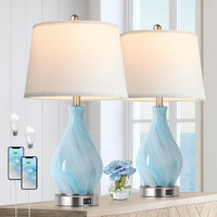 Modern Accent Table Lamp Set Of 2 Touch Control  22"" Faded Swirl Blue Gray Art Glass Bedside Lamp With Usb Ports  3-Way Dimmable Hand Crafted Nightstand Lamps White Drum Shade For Living Room Bedroom