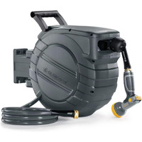 Glahoden Retractable Garden Hose Reel 1/2 In X 65 Ft Upgraded Uv Resistant Heavy Duty Automatic Hose Reel Wall Mount 3/4 In Brass Fitting 9 Pattern Nozzle Any Length Lock Slow Retraction 180 Swivel