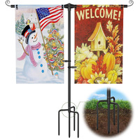 Garden Flag Holder Stand  Extra Thick Weather-Proof Powder-Coated Yard Flag Holder With 4 Prong Base  Heavy Duty 3/4 Inch Aluminum Stand For Double Flags  Suitable For 12X18 Outdoor Patio Decor