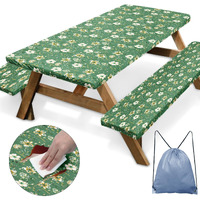 Britown Picnic Table Cover With Bench Covers Elastic Edges  Green Flower Fitted Table Cover  Outdoor Patio Camping Essentials 72 Inch 3Pcs  Waterproof Camping Fitted Tablecloth With Drawstring Bag