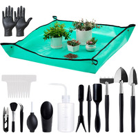 Melphoe 25Pcs Mini Garden Hand Transplanting Succulent Tools Set  39.4"" Thickened Repotting Mat & Plant Tag  Miniature Planting Indoor Fairy Care  Potting  Cactus  Houseplant Bonsai Tool Kit (Black)
