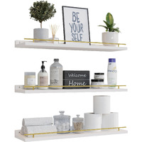 Wopitues Floating Shelves 24 Inch With Gold Metal Guardrail  Shelves For Wall Decor Set Of 3  Wall Shelves For Bedroom  Bathroom  Kitchen  Living Room  Plants  Picture Frames  Art- White And Gold