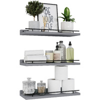 Wopitues Floating Shelves With Black Metal Guardrail  Shelves For Wall Decor Set Of 3  Wall Shelves For Bedroom  Bathroom  Kitchen  Living Room  Plants  Picture Frames  Art- Grey