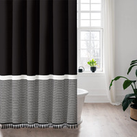 Seasonwood 84 Inch  Black White Striped With Black Tassels Modern Farmhouse Waterproof Cloth Shower Curtain Set