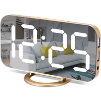 Digital Alarm Clock 7 In Led Mirrored Clocks Large Display With 2 Usb Charger Ports Auto Dim Night Mode Modern Desktop Electronic Clocks For Bedroom Home Office Decor - Gold