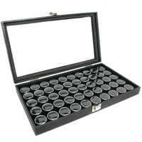 Novel Box Large Jewelry Display Case 14.75X8.25X2.1 + Small Size 50 Gems Jars | Glass Jewelry Box With Lid & Black Tray Foam Liner | Rock Storage Box With Metal Clasp | Display Box For Collectibles