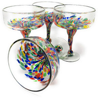 Mexican Hand Blown Glass - Set Of 4 Hand Blown Margarita Glasses Confetti Carmen (16 Oz)