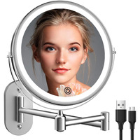 Rechargeable Wall Mounted Lighted Makeup Vanity Mirror 8 Inch 1X/10X Magnifying Bathroom Mirror With 3 Color Lights  Double Sided With Dimmable Led Lights  Extended Arm 360 Swivel Extension Mirror