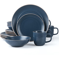 Arora Ringar Round Stoneware 16Pc Dinnerware Set Of 4  Dinner Plates  Side Plates  Cereal Bowls  Mugs - Speckle Matte Blue (428051)