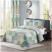 All American Collection New 3Pc Printed Modern Geometric Bedspread Coverlet Quilt Set Matching Curtains Available (Full/Queen Size  Blue/Green & Yellow)