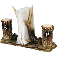 Rivers Edge Products Salt And Pepper Shakers Set  Unique Poly Resin And Glass Spice Dispenser  Napkin Holder  Novelty Kitchen Counter Decor  Deer Antlers